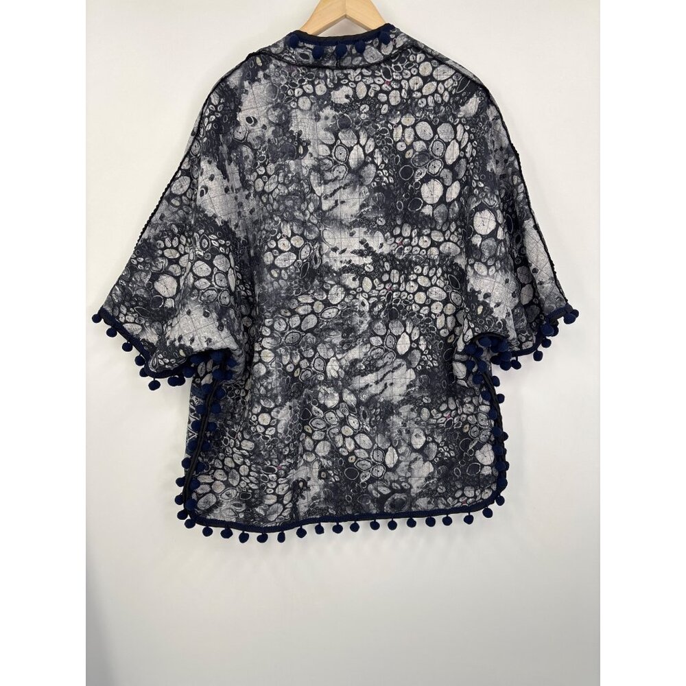 Soft Surroundings Jubilee Faux Fur Lined Quilted Pom Pom Fringe Jacket Blue L/XL - Picture 6 of 7